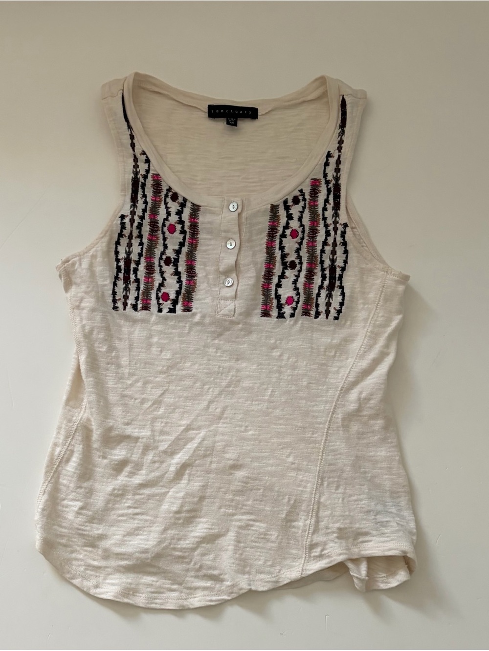 Sanctuary Cream Tank Top with Black and Pink Embroidery